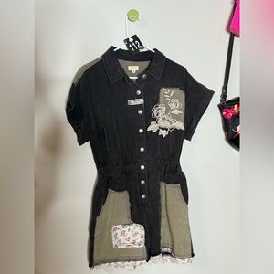 POL Denim Floral Embroidered Romper